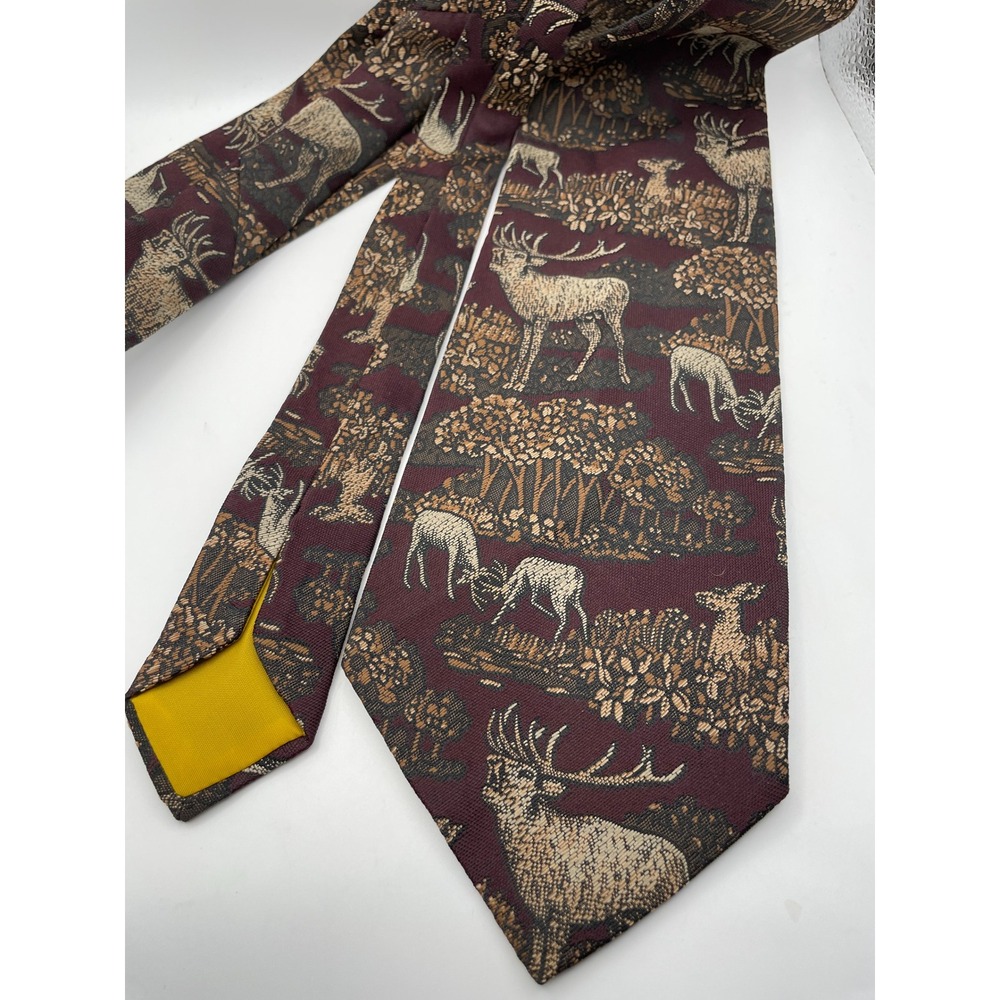 Vintage Tootal Burgundy Wildlife Deer Stag Forest Woven Tie Made in GB 3.75 Wide